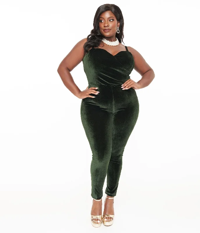  Women's OutfitUnique Vintage Plus Size 1970s Dark Green Velvet Jumpsuit