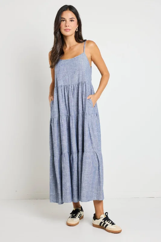  Women's Stylish Vacation AttireEden Chambray Blue Strappy Tiered Midi Dress