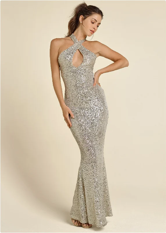  Women's Plus-Size AttireSequin Keyhole Gown  - Champagne