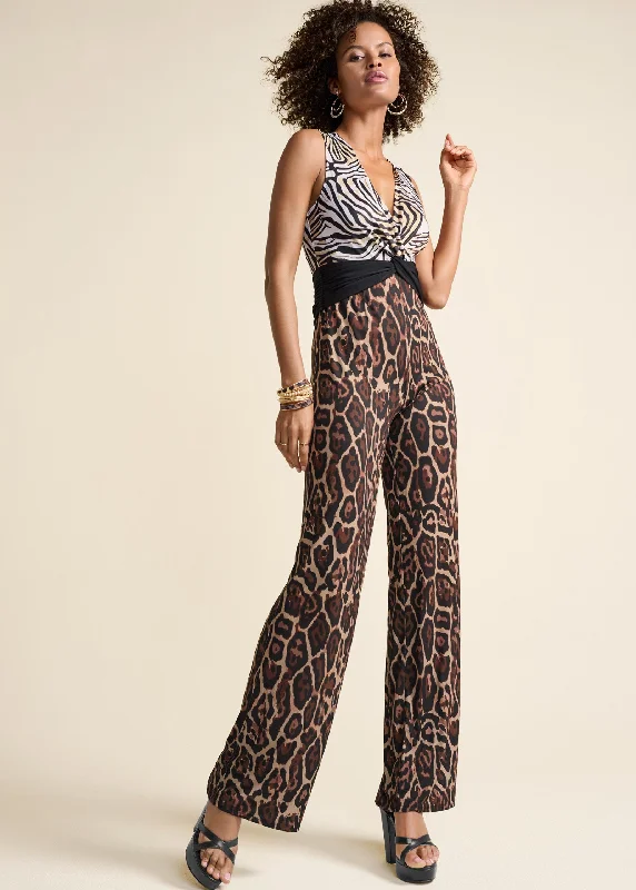  Women's Party ClothesAnimal Print Twist Jumpsuit - Black Multi