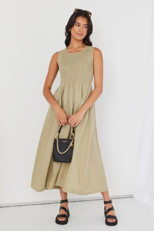  Women's Trendy Casual OutfitBryar Light Khaki Linen Sleeveless Shirred Bodice Midi Dress