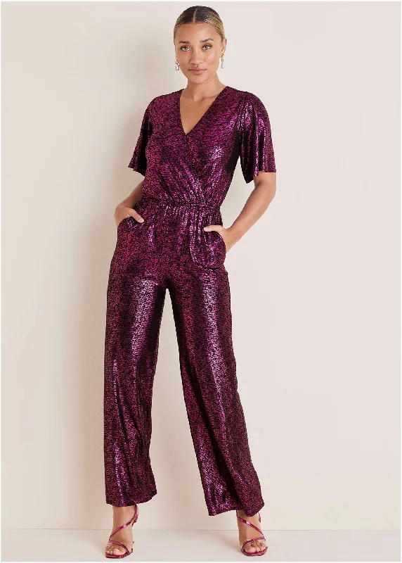  Affordable Trendy Clothes For WomenMetallic Flutter Sleeve Jumpsuit - Vivacious