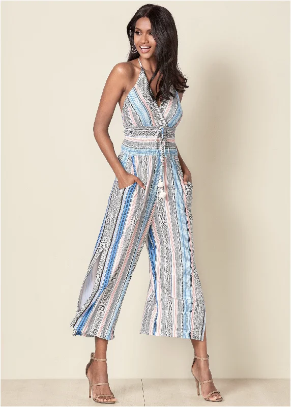  Women's Stylish Vacation AttireTassel Halter Jumpsuit - Light Blue Multi