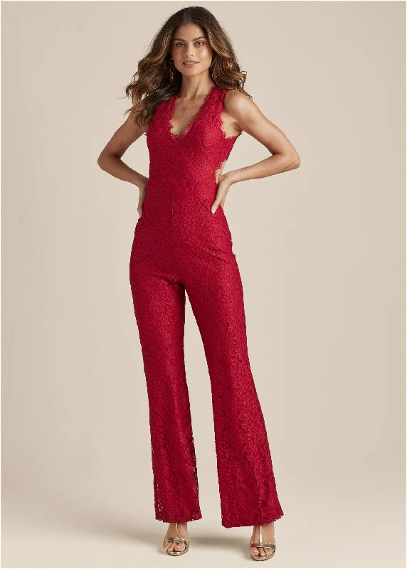  Women's Casual Apparel For WeekendsOpen Back Lace Jumpsuit - Red