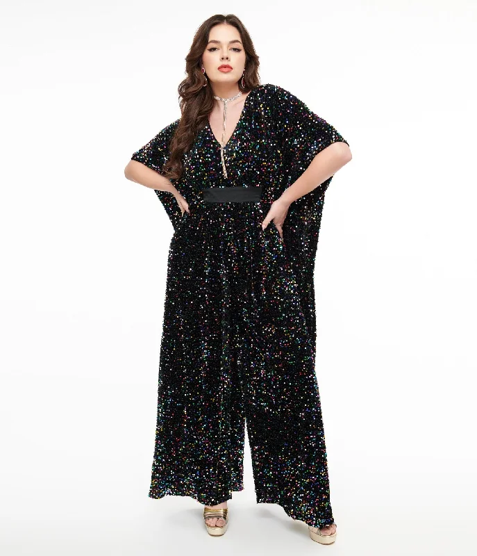  Women's Everyday AttireUnique Vintage 1970s Black Iridescent Sequin Caftan Jumpsuit