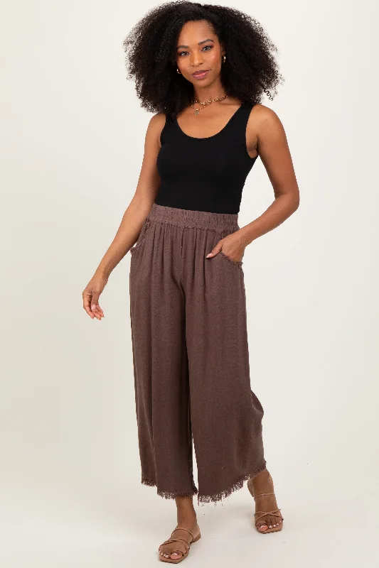  Massive SavingsBrown Linen Frayed Hem Crop Pants