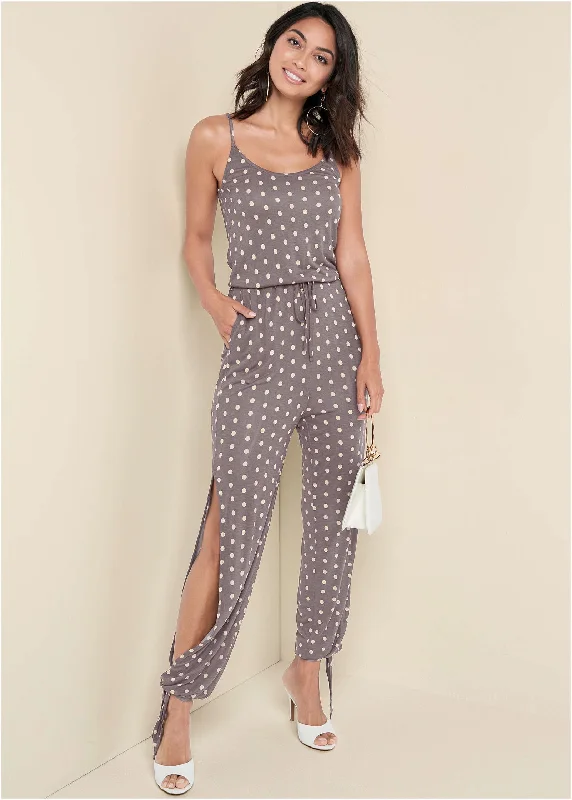  Women's Transitional ClothesPolka Dot Jumpsuit - Taupe