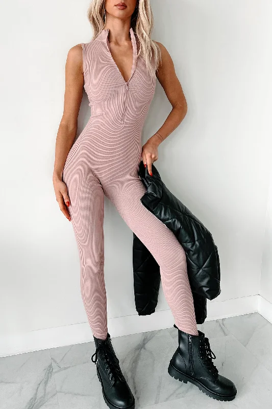  Women's Stylish Professional GarmentsLuck Of The Draw Ribbed Half Zip Jumpsuit (Dusty Pink)