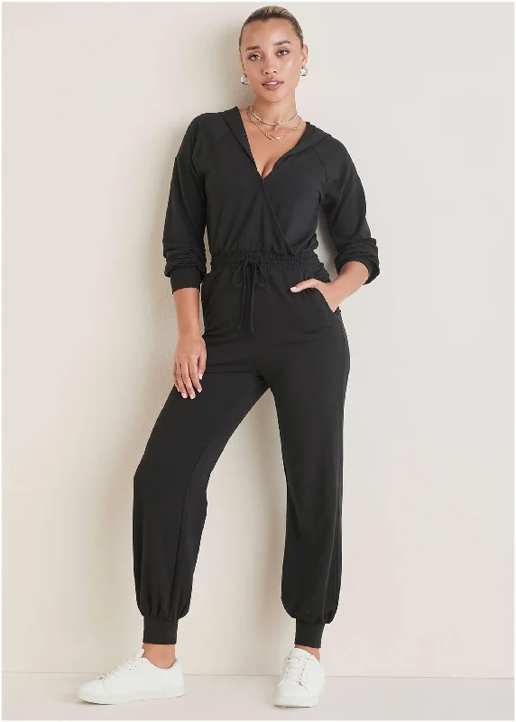  Women's Relaxed ClothesCasual Hooded Jumpsuit - Black