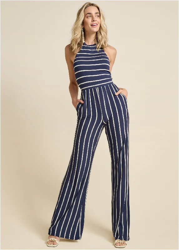  Women's Clothing SetsStriped Halter Jumpsuit  - Navy & White