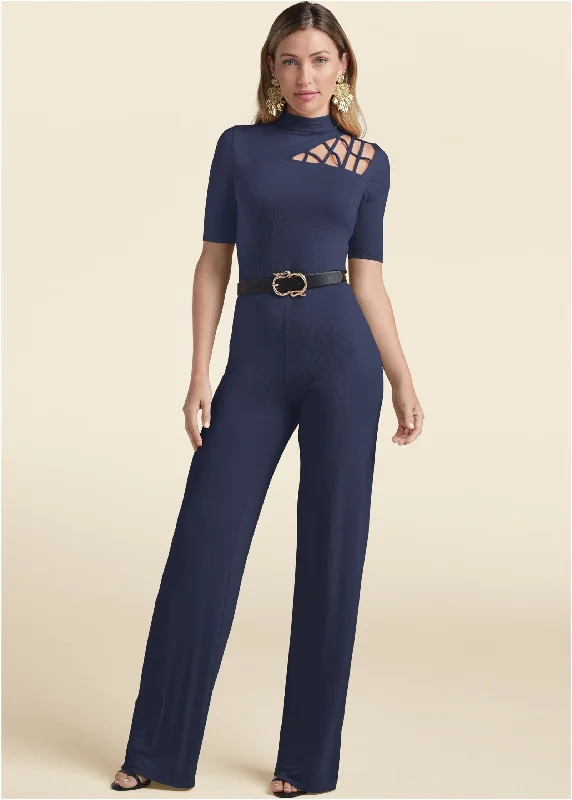  Casual Garments For WomenStrappy Mock-Neck Jumpsuit - Navy