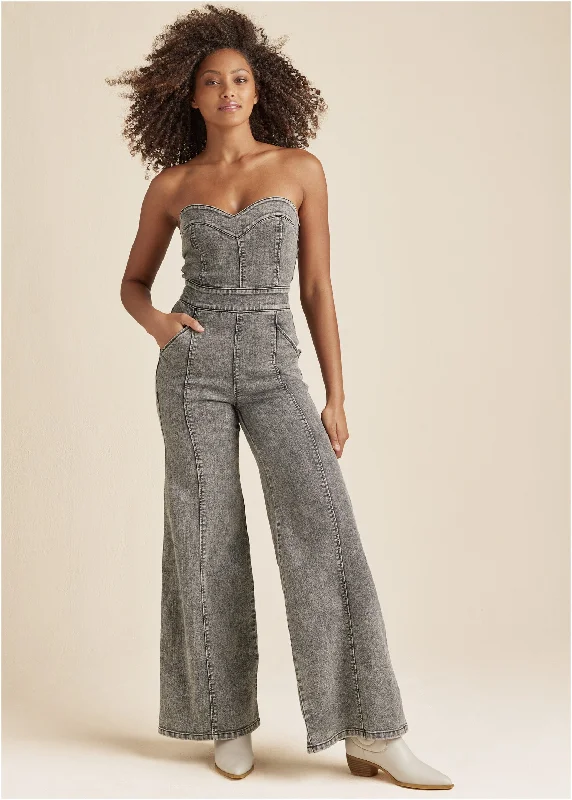  Women's Active Garments For WorkoutsWide Leg Denim Jumpsuit - Grey Washed Denim