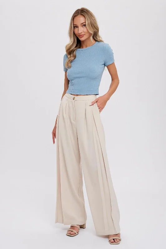  Stylish Outerwear Clothes For WomenBeige Pintuck Wide Leg Pants