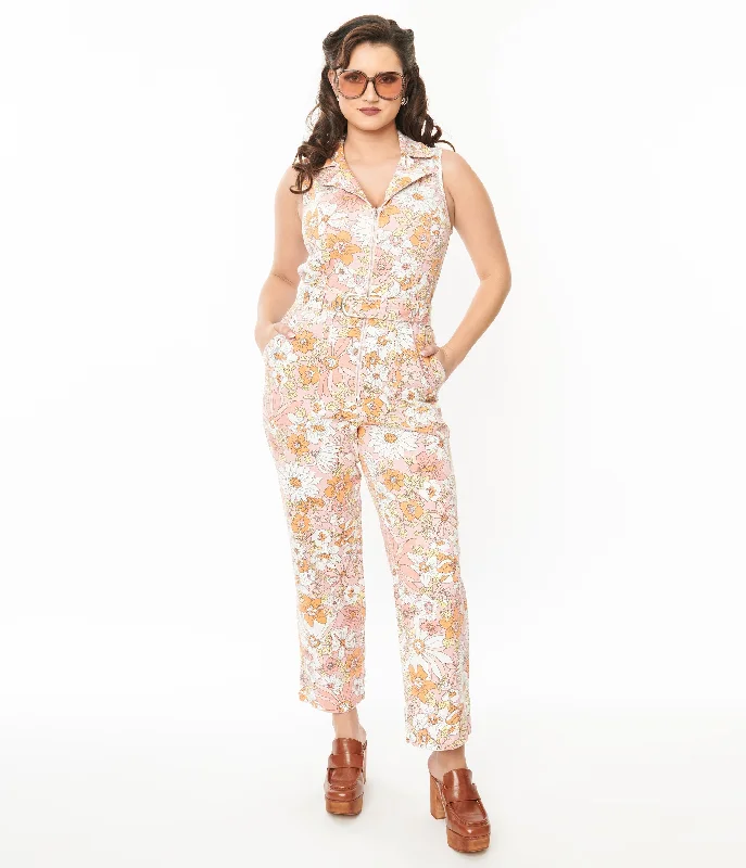  Women's Stylish Outdoor OutfitApricot Floral Belted Jumpsuit