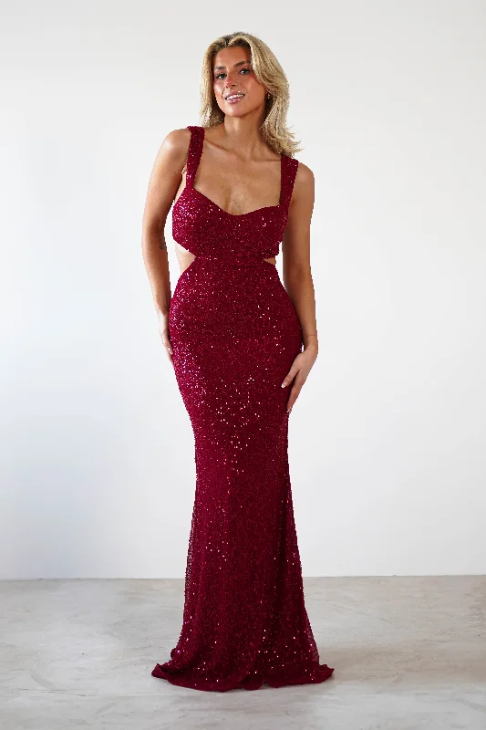  Women's Workout ClothingTora Cut Out Sequin Maxi Dress | Dark Red