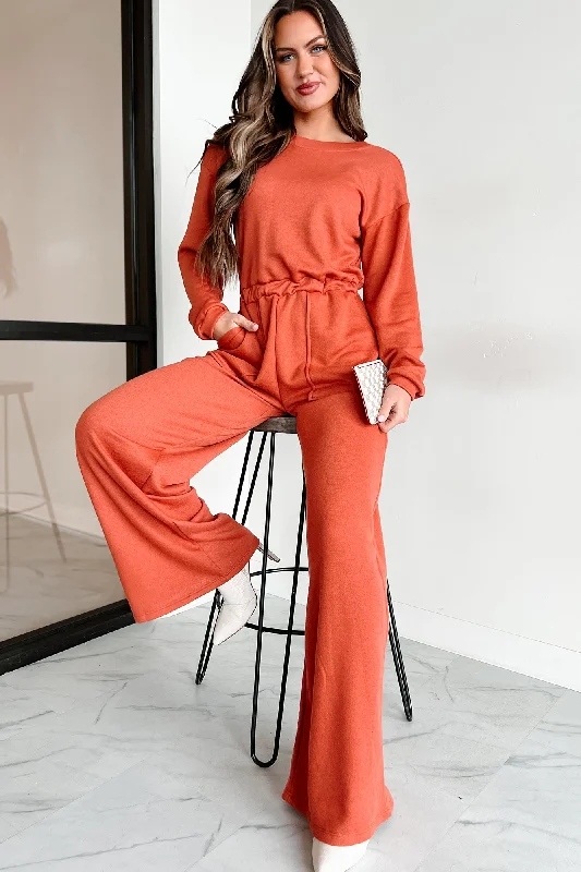  Women's Elegant ClothesPlausible Deniability Long Sleeve Wide Leg Jumpsuit (Rust)