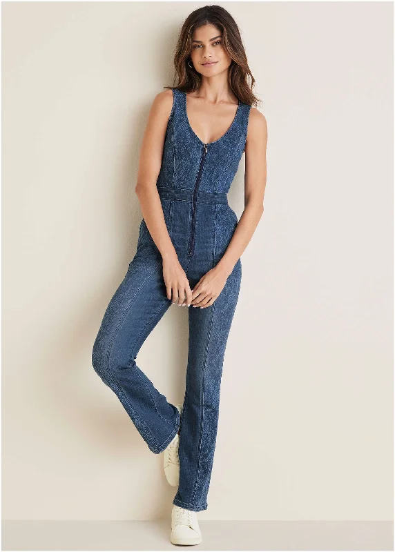  Modern Women's ClothesLace Print Denim Jumpsuit - Medium Wash