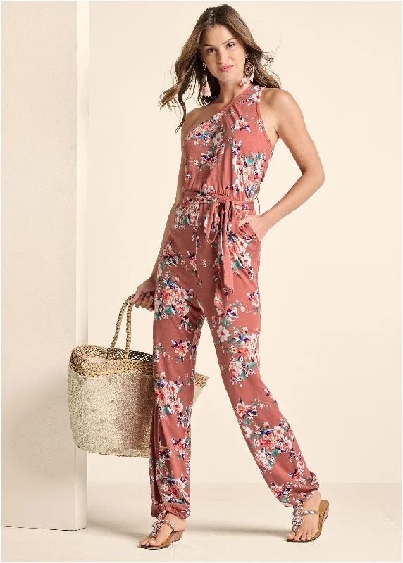  Affordable Women's ClothingOne-Shoulder Jumpsuit - Pink Multi