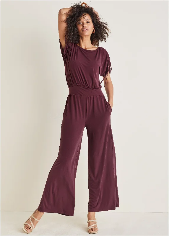  Women's Everyday ClothesShoulder Detail Wide Leg Jumpsuit - Wine