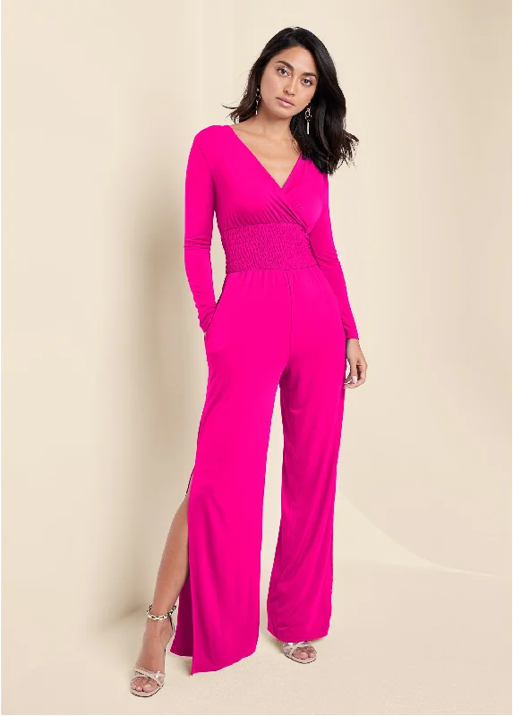  Stylish Women's Outerwear ApparelSmocked Waist Jumpsuit - Pink