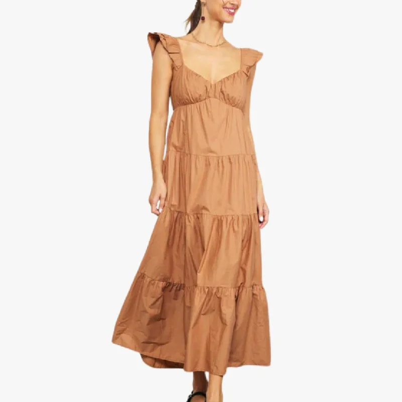  Women's Trendy OutfitPoplin Ruffle Sleeve Maxi Dress (Tuscan Tan)