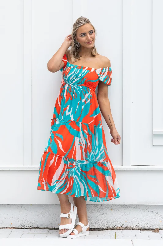  Classic Women's ApparelOrange And Aqua Abstract Chiffon Midi Dress