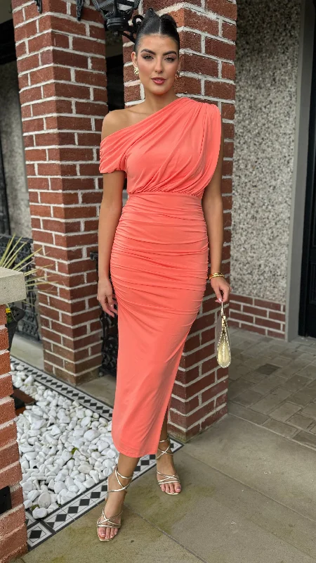  Refined Fashion SalePresley Peach Off The Shoulder Draped Top Midi Dress (PRE ORDER)