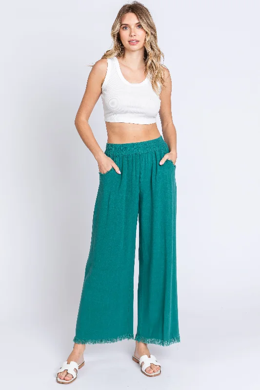  Chic Clothing For WomenTeal Linen Frayed Hem Crop Pants