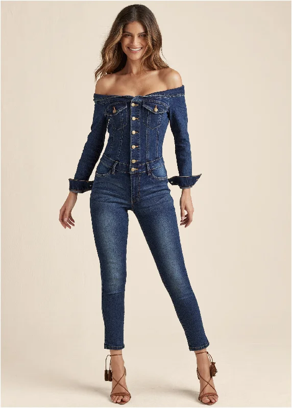  Women's Transitional AttireOff-The-Shoulder Denim Jumpsuit - Dark Wash