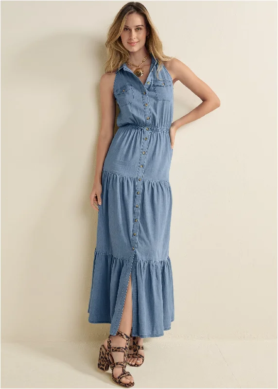  Luxury Women's ClothesChambray Tiered Maxi Dress  - Medium Wash