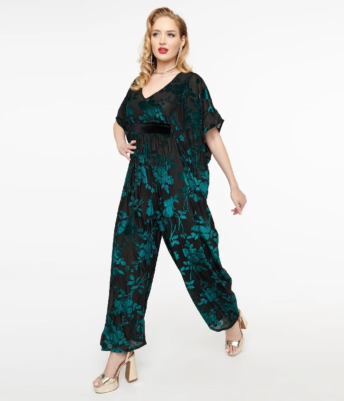  Women's Activewear GarmentsUnique Vintage 1970s Black & Teal Velvet Floral Burnout Caftan Jumpsuit