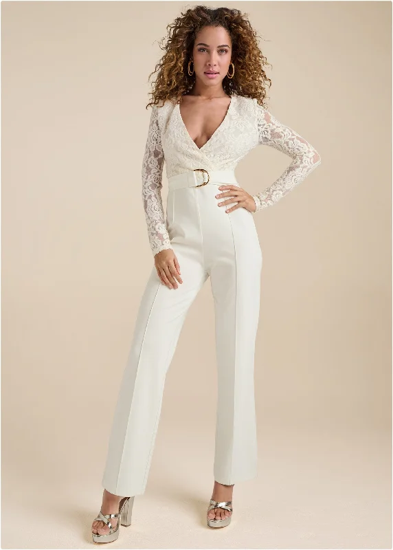  Affordable Luxury Women's ApparelLace V-Neck Belted Jumpsuit - White