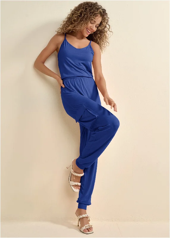  Women's Travel GarmentsCargo Jogger Jumpsuit - Dark Blue