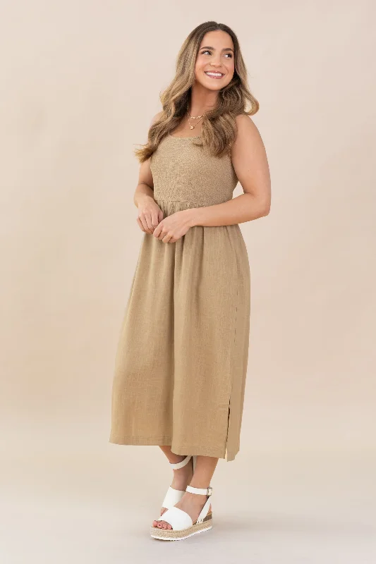  Women's Elegant ApparelMocha Tank Linen Midi Dress With Slit