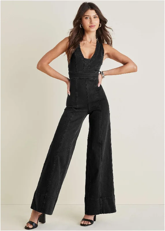  Women's Clothing ApparelStretch Denim Jumpsuit - Black Wash