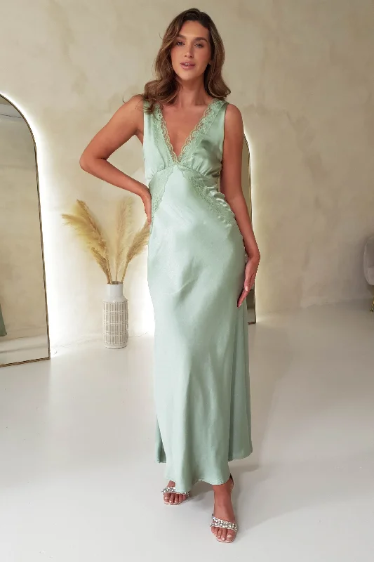  Chic And TrendyRhylee Soft Satin Lace Detail Maxi Dress | Sage