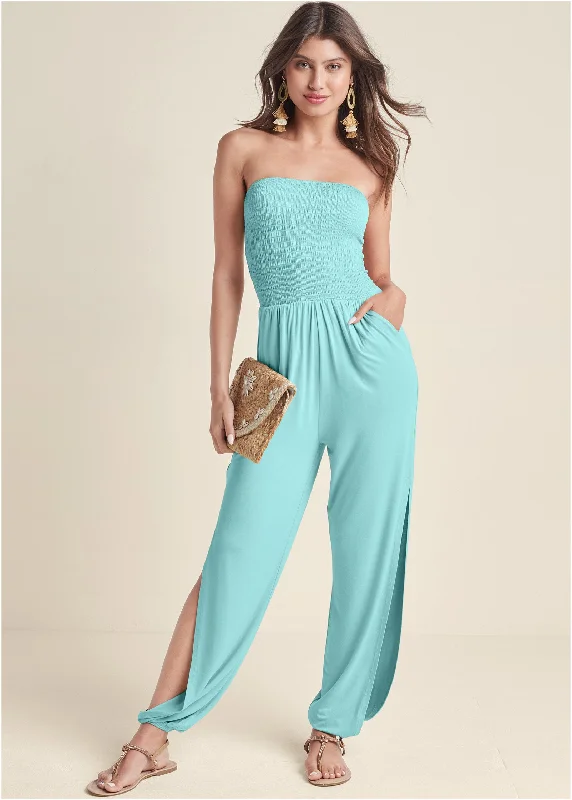  Women's High-Fashion GarmentsSmocked Side Slit Jumpsuit - Mint