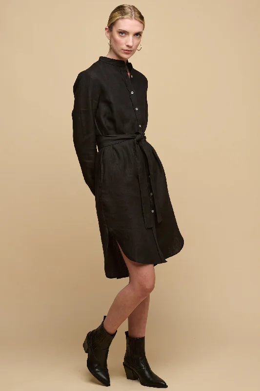  Huge MarkdownsWomen's Collarless Shirt Dress - Black Linen