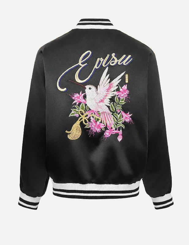  Unleash Your Trend Driven StyleHummingbird and Magnolia Flower Embroidery Loose Fit Souvenir Jacket