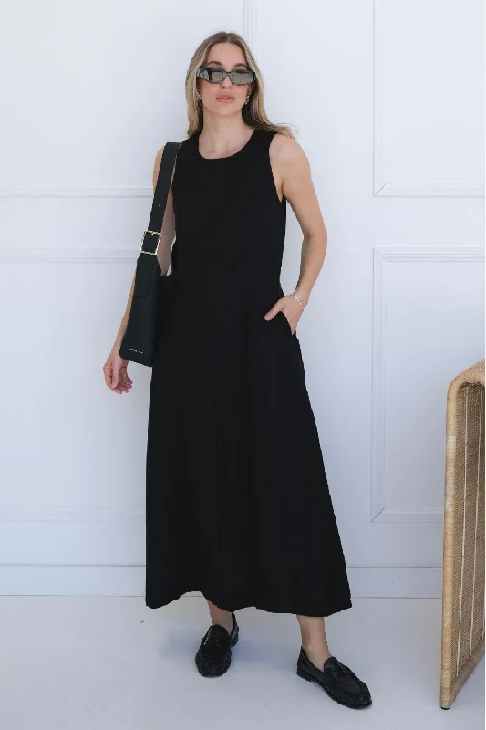  Forward TrendsetterEasygoing Black Linen Blend Sleeveless Crew Neck Midi Dress