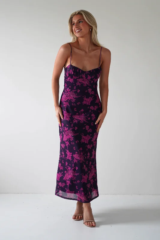  Budget FriendlyMerlo Low Back Midaxi Dress | Grape Print