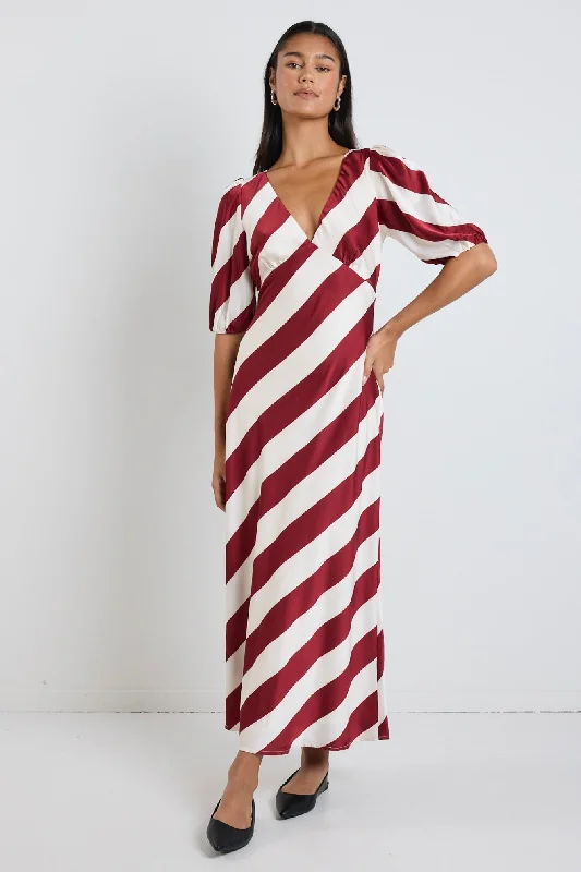  Chic Style, Always In VogueAmora Plum Stripe SS Bias Midi Dress