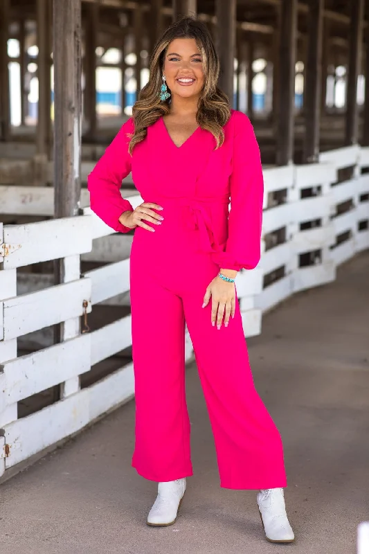  Flirty Fashion DiscountsHot Pink Long Sleeve Self Tie Waist Jumpsuit