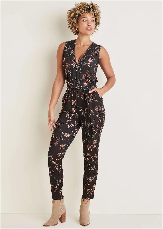  Casual Chic Women's ClothesWrap Tie Jumpsuit - Gothic Roses