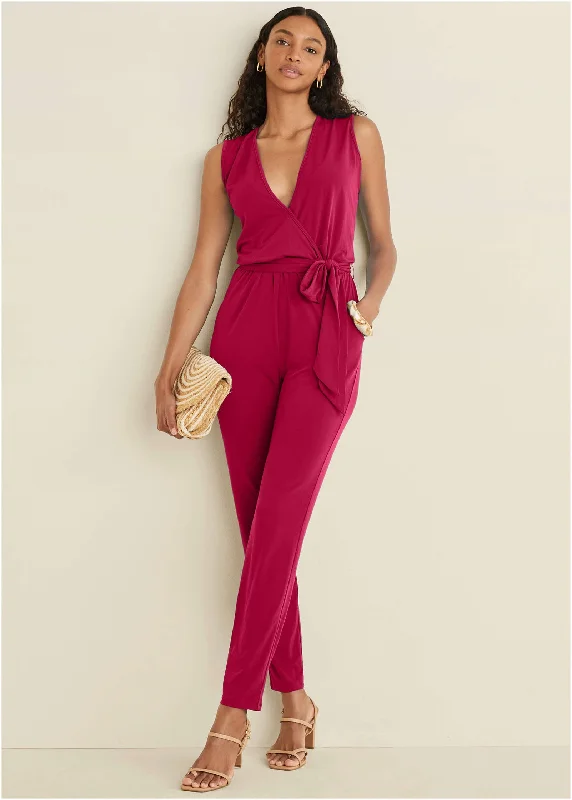  Women's Trendy ClothesWrap Tie Jumpsuit - Red