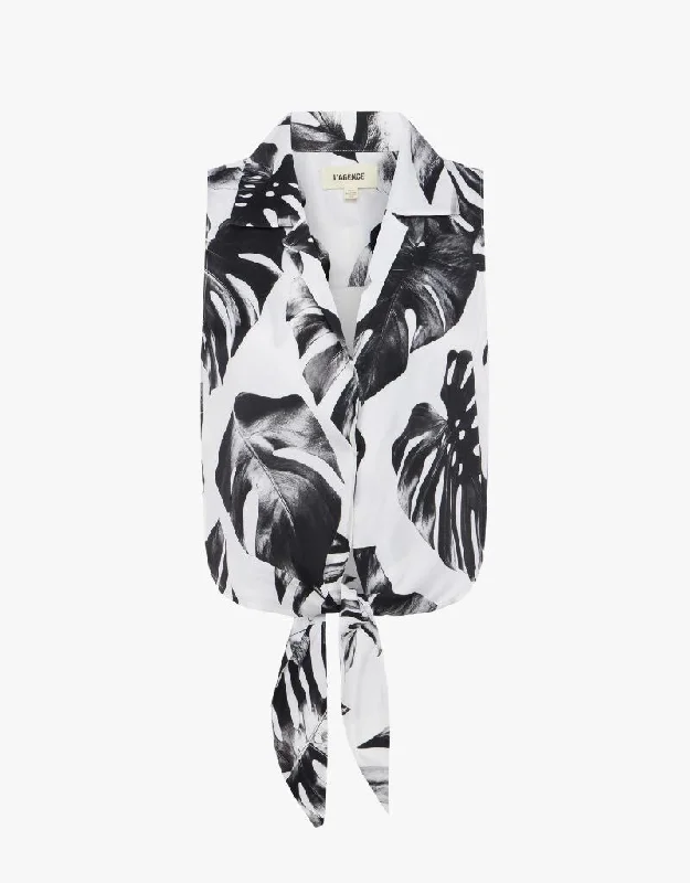  Women's High-Fashion ApparelL'agence Amos Tie Front Blouse in Black & White Palm Leaves