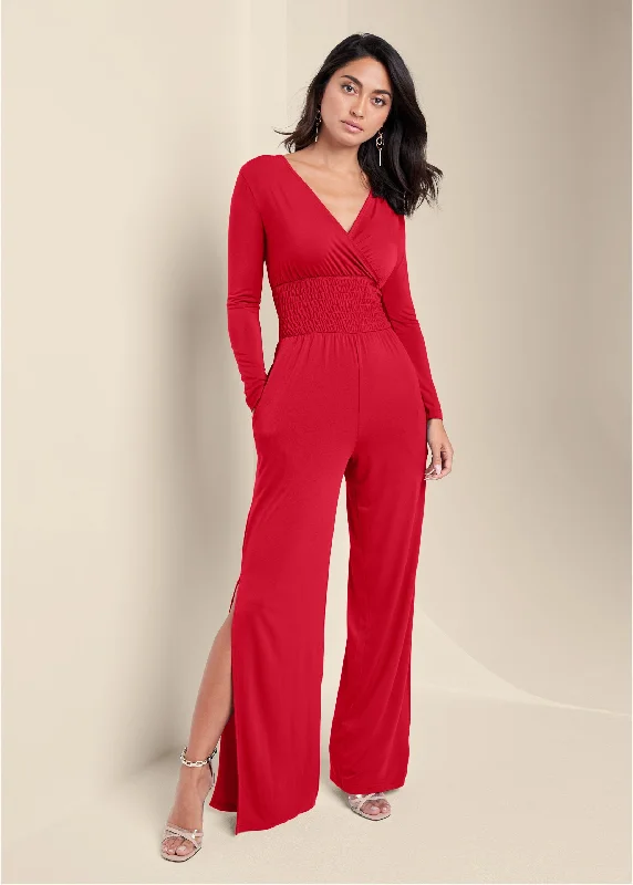  Women's Sports ApparelSmocked Waist Jumpsuit - Red