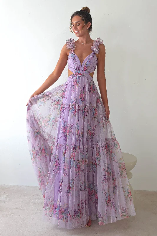  Women's Wedding ApparelAlma Floral Print Tulle Maxi Dress | Lilac