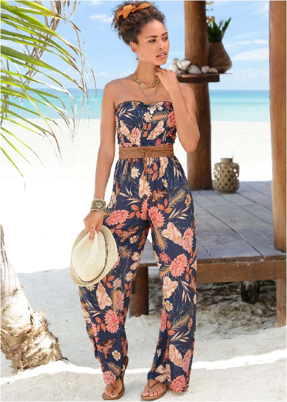  Women's Wardrobe ApparelFloral Strapless Jumpsuit - Black Multi