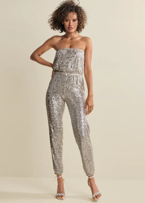  Chic Women's GarmentsStrapless Sequin Jumpsuit - Champagne